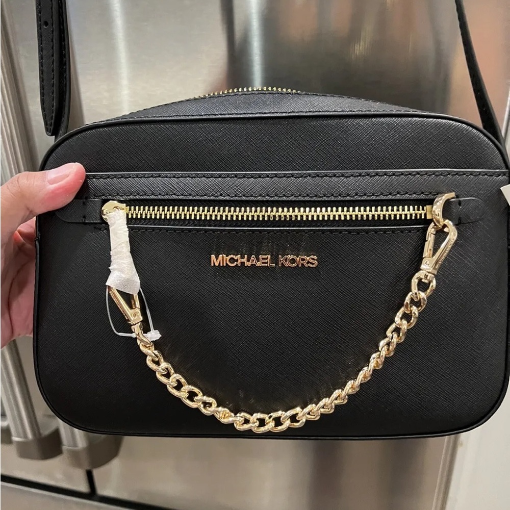 Michael Kors Jet Set Item Large East West Zip Chain Crossbody Black New with Tag